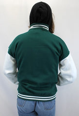 FOREST GREEN LETTER PATCHED CONTRAST SLEEVE VARSITY JACKET