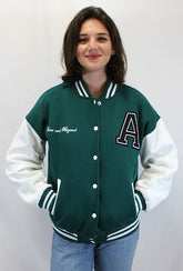 FOREST GREEN LETTER PATCHED CONTRAST SLEEVE VARSITY JACKET