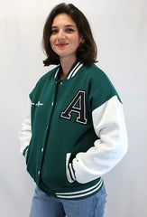 FOREST GREEN LETTER PATCHED CONTRAST SLEEVE VARSITY JACKET