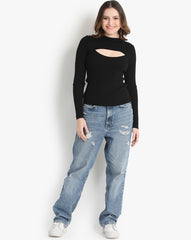 CUT OUT FRONT RIBBED KNIT TOP