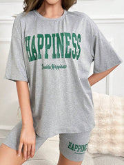 GREY LETTER PRINT ROUND NECK TOP AND SHORTS LOUNGE PJ SET