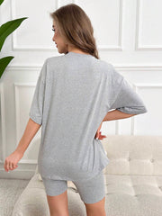 GREY LETTER PRINT ROUND NECK TOP AND SHORTS LOUNGE PJ SET