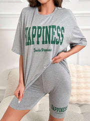 GREY LETTER PRINT ROUND NECK TOP AND SHORTS LOUNGE PJ SET