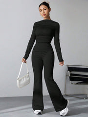 WOMEN'S PLEATED SLIM FIT TOP AND FLARED PANTS