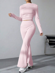 WOMEN'S PLEATED SLIM FIT TOP AND FLARED PANTS