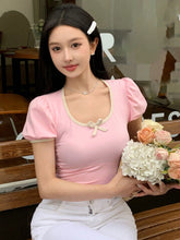 BUBBLE SLEEVE CONTRAST COLOR SHORT SLEEVE T-SHIRT WITH BOW