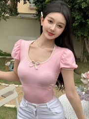 BUBBLE SLEEVE CONTRAST COLOR SHORT SLEEVE T-SHIRT WITH BOW