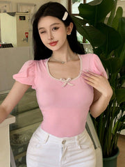BUBBLE SLEEVE CONTRAST COLOR SHORT SLEEVE T-SHIRT WITH BOW