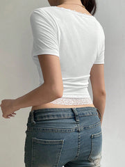 CONTRAST LACE SLIM FIT SHORT SLEEVE CASUAL T-SHIRT