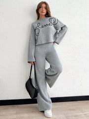 Women's Embroidery Detailed Round Neck Bell Sleeve Pullover And Wide Leg Sweater Pant Two Piece Outfit Set