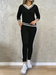 -Neck Long Sleeve Top & Elastic Waist Pocket Long Pants Set