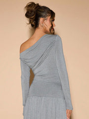 ASYMMETRIC NECK PLEATED SLIM FIT LONG SLEEVE TOP AND SKIRT