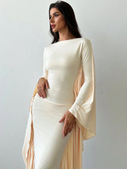 BOAT NECK LONG SLEEVE WAVY DRAPE DRESS