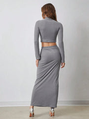 MOCK NECK LONG SLEEVES CROP TEE & DRAWSTRING WAIST LONG SKIRT
