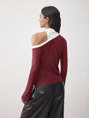ASYMMETRIC CUT-OUT SHOULDER FITTED KNIT TOP OFF THE SHOULDER SHIRT