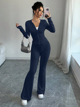 Hooded Zipper Long Sleeved Sports Style Top And Flared Pants Two-Piece Set