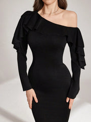 ASYMMETRICAL SHOULDER RUFFLE TRIM WAIST CINCHED WAIST MIDI DRESS