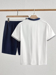 MEN'S CASUAL KNIT PATCHWORK POLO SHIRT & SHORTS SET