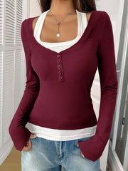 COLORBLOCK LONG SLEEVE CREW NECK TOP