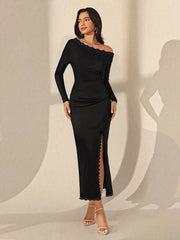 LACE PATCHWORK OBLIQUE SHOULDER SLIM FIT LONG DRESS