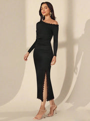 LACE PATCHWORK OBLIQUE SHOULDER SLIM FIT LONG DRESS