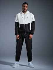 CONTRAST COLOR HOODED JACKET AND SWEATPANTS CASUAL SUIT