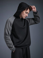 MEN'S FASHION COLOR BLOCK RAGLAN SLEEVE STRIPED HALF-ZIP HOODIE