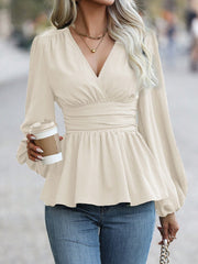 CASUAL V-NECK LONG SLEEVE RUCHED SHIRT