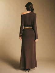 ASYMMETRIC-SHOULDER TOP AND SKIRT 2-PIECE SET