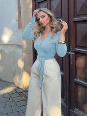 SOFT WRAP V-NECK LONG SLEEVE CROPPED TIGHT TOP