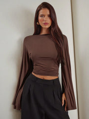 SOLID COLOR BELL SLEEVE CROPPED TOP