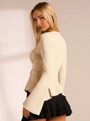V-NECK RUCHED FLARE SLEEVE CINCHED WAIST TOP