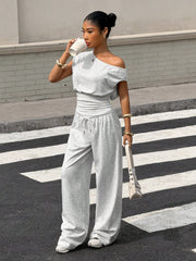 ASYMMETRIC NECK CINCHED WAIST TOP AND LOOSE PANTS SET
