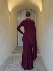 ELEGANT DRAPE CREW NECK WAIST LONG SLEEVE MAXI DRESS