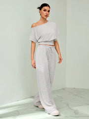 OFF-SHOULDER FITTED TOP AND LOOSE PANTS TWO-PIECE SET