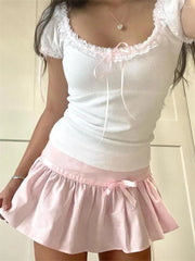 FAIRYCORE KAWAII LACE TRIM SHORT SLEEVE CROP TOP