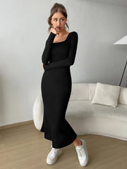 SQUARE NECK LONG SLEEVE BODYCON DRESS