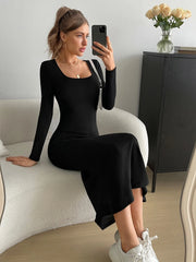 SQUARE NECK LONG SLEEVE BODYCON DRESS