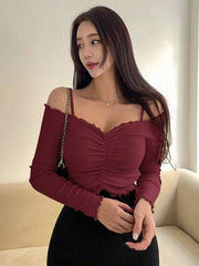 COLD SHOULDER RUCHED FRONT LETTUCE TRIM TEE