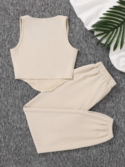 TEEN GIRLS' KNITTED IRREGULAR HEM SLIM FIT TANK TOP AND JOGGER PANTS CASUAL 2PCS