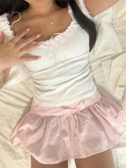 FAIRYCORE KAWAII LACE TRIM SHORT SLEEVE CROP TOP