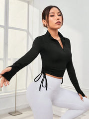 LONG SLEEVE SPORTS T-SHIRT WITH ZIPPER & DRAWSTRING FRONT