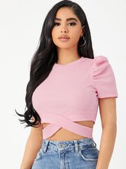 PUFF SLEEVE CRISSCROSS HEM CROP TEE