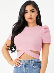 PUFF SLEEVE CRISSCROSS HEM CROP TEE