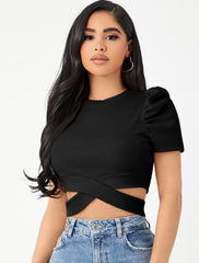 PUFF SLEEVE CRISSCROSS HEM CROP TEE