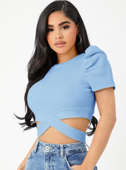 PUFF SLEEVE CRISSCROSS HEM CROP TEE