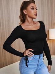 DRAWSTRING SIDE SCOOP NECK RIB KNIT TEE