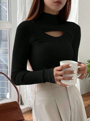 CUT OUT MOCK NECK RIBBED KNIT TEE