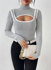CONTRAST BINDING CUT OUT FRONT TURTLE NECK TEE