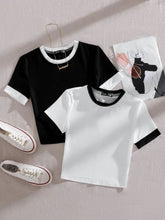 BLACK AND WHITE 2PCS SOLID CONTRAST BINDING TEE